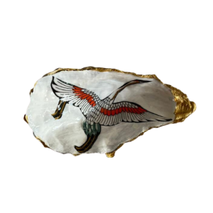 Oesterschelp gedecoreerd vogel met gouden rand en achterkant